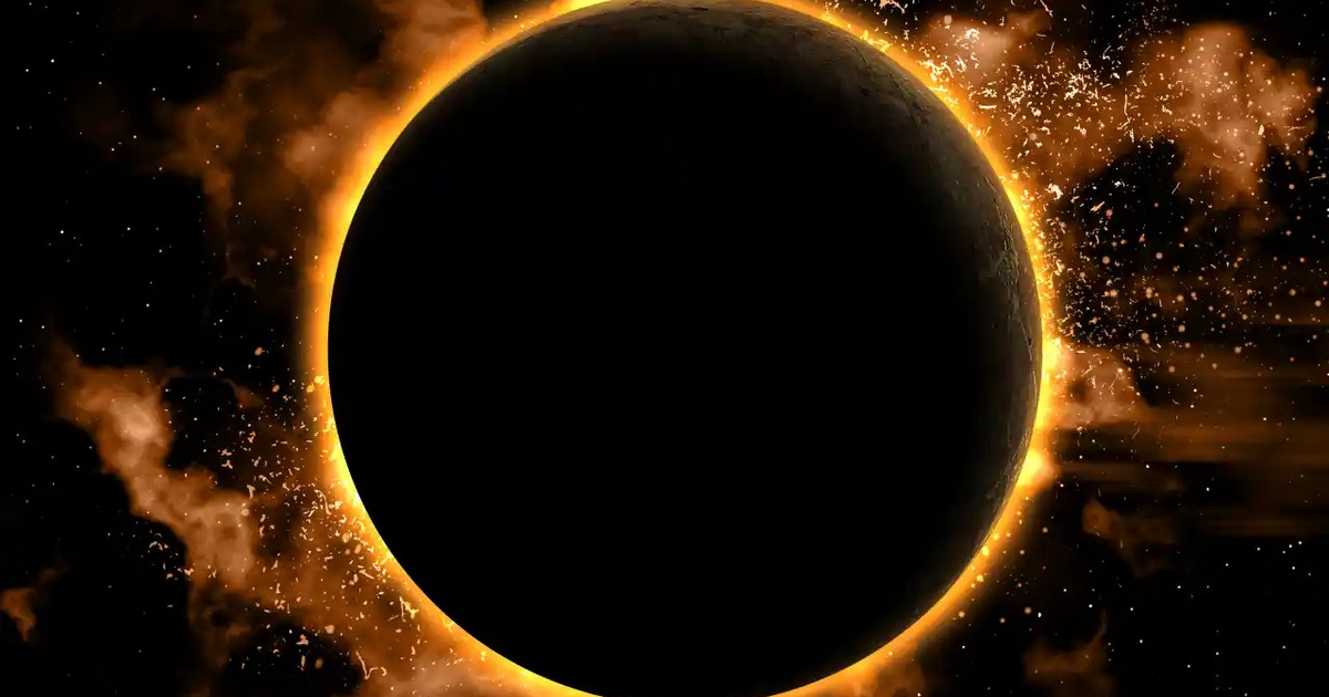 Imagen de un eclipse solar con un cuerpo celeste oscuro y un resplandor dorado, representando el Eclipse Total de Sol 2024.