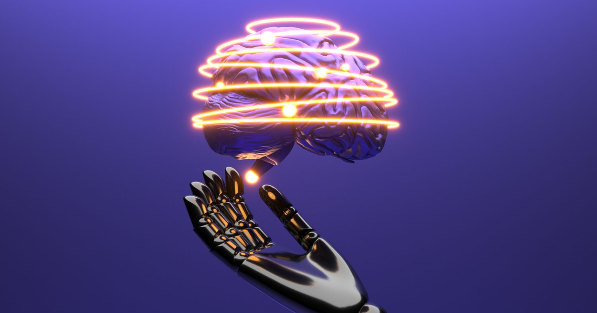 Mano robótica sosteniendo un cerebro tridimensional con líneas luminosas en fondo púrpura.