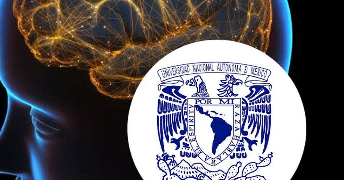 Cerebro humano iluminado con líneas de energía y emblema de la UNAM en fondo oscuro