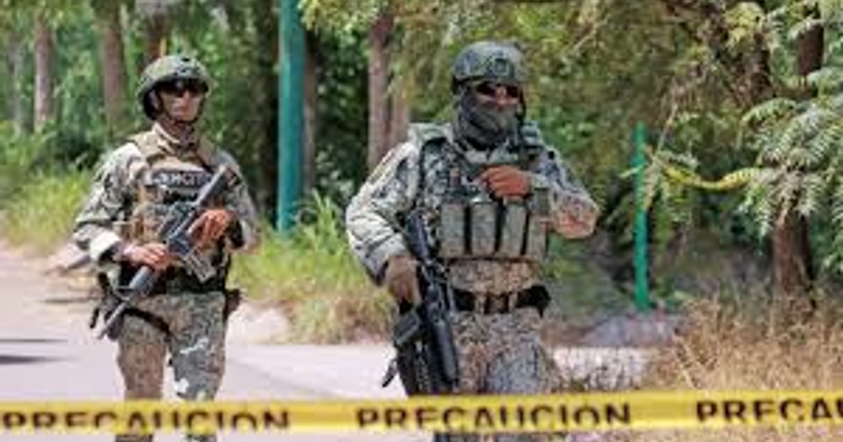 Dos soldados armados en uniforme de camuflaje patrullan una zona boscosa con cinta de precaución amarilla en Culiacán.
