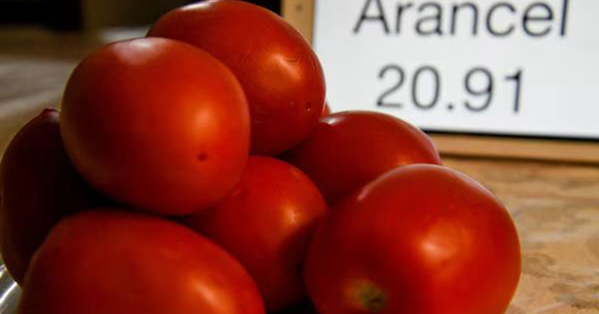 Tomates rojos apilados frente a una pantalla que muestra un arancel del 20.91%