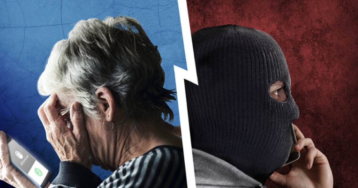 Mujer angustiada y figura enmascarada simbolizando extorsión telefónica