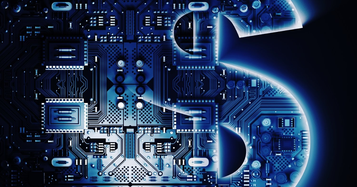 Diseño gráfico de circuito eléctrico con número 5, simbolizando tecnología FINTECH.
