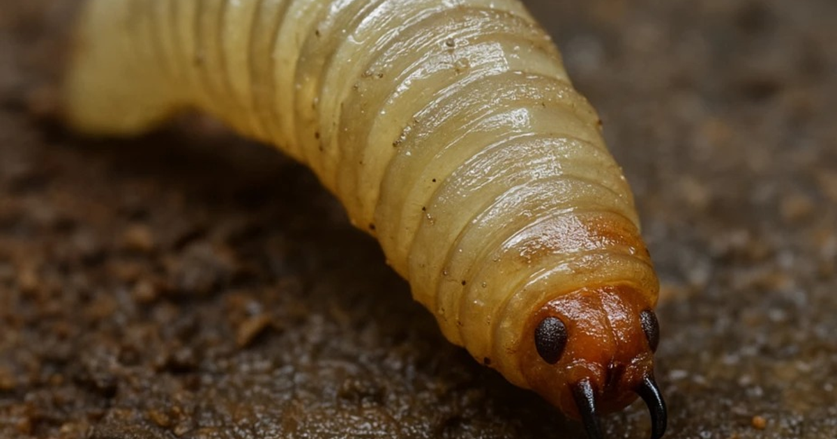Larva de Cochliomyia hominivorax sobre tierra, mostrando su cuerpo segmentado y cabeza oscura.