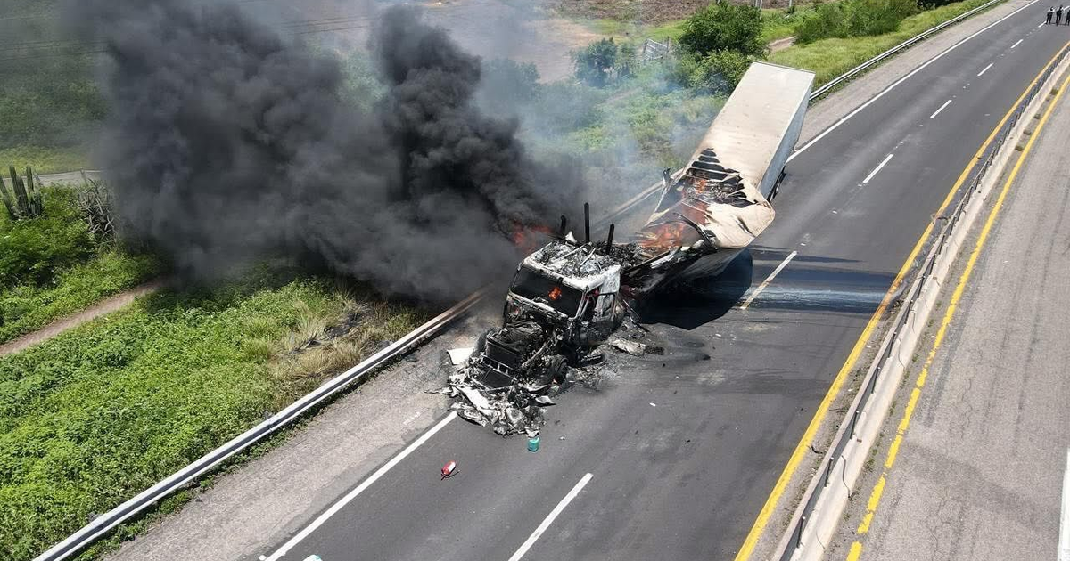Camión en llamas en la autopista Mazatlán-Culiacán, rodeado de humo negro y vegetación.