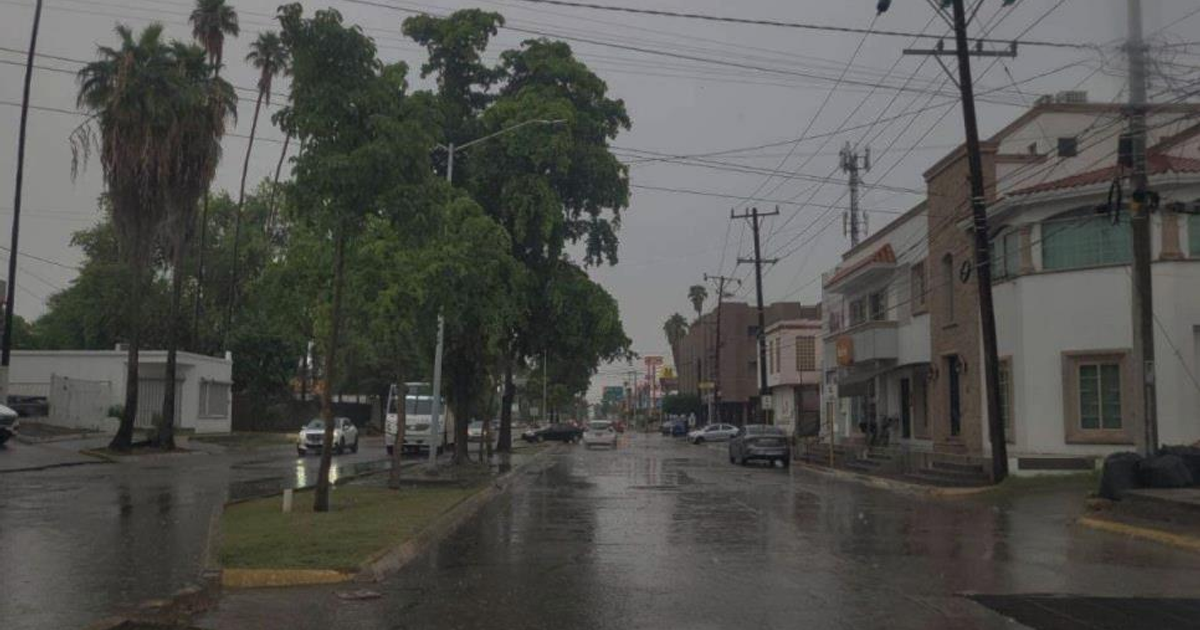 Calle de Los Mochis con lluvia, árboles, edificios y vehículos bajo un cielo nublado.