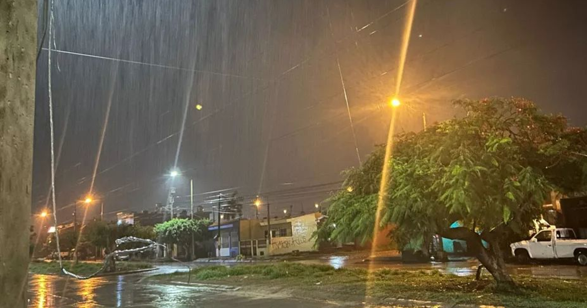 Escena nocturna lluviosa en Sinaloa con luces de calle y reflejos en el pavimento.
