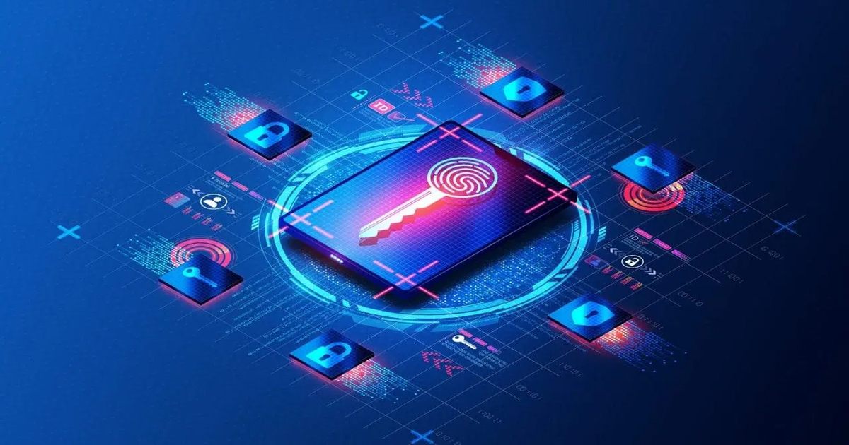Diseño gráfico de ciberseguridad con llaves, candados y huella digital, representando la evolución de la autenticación digital.