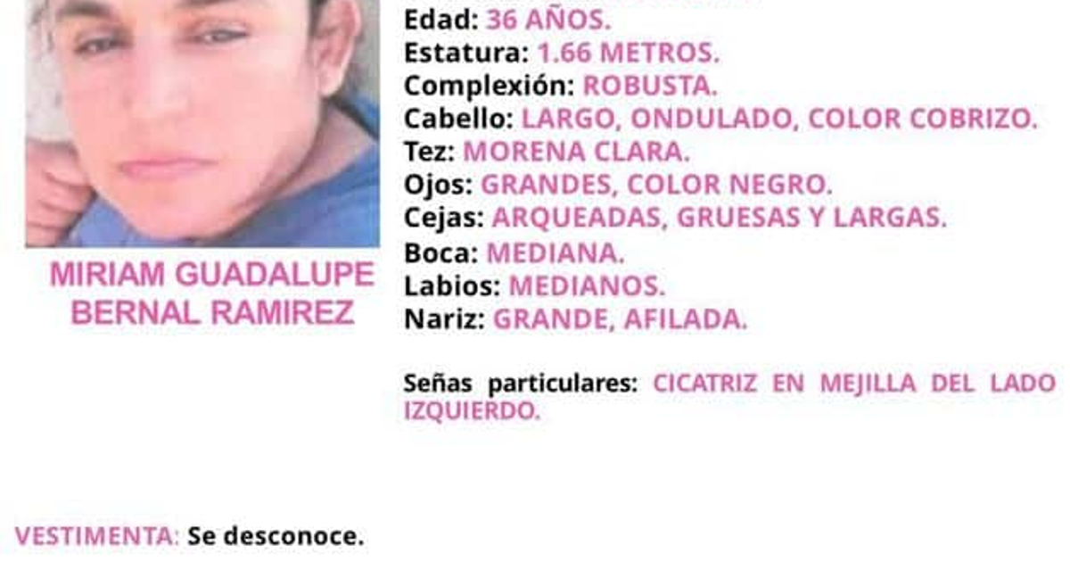 Imagen de Miriam Guadalupe Bernal Ramírez con descripción de características físicas y cicatriz en mejilla izquierda.