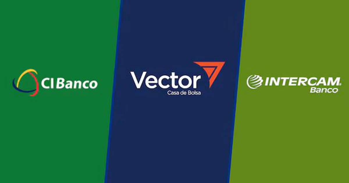 Logotipos de CI Banco, Vector Casa de Bolsa e Intercam Banco sobre fondos de colores.