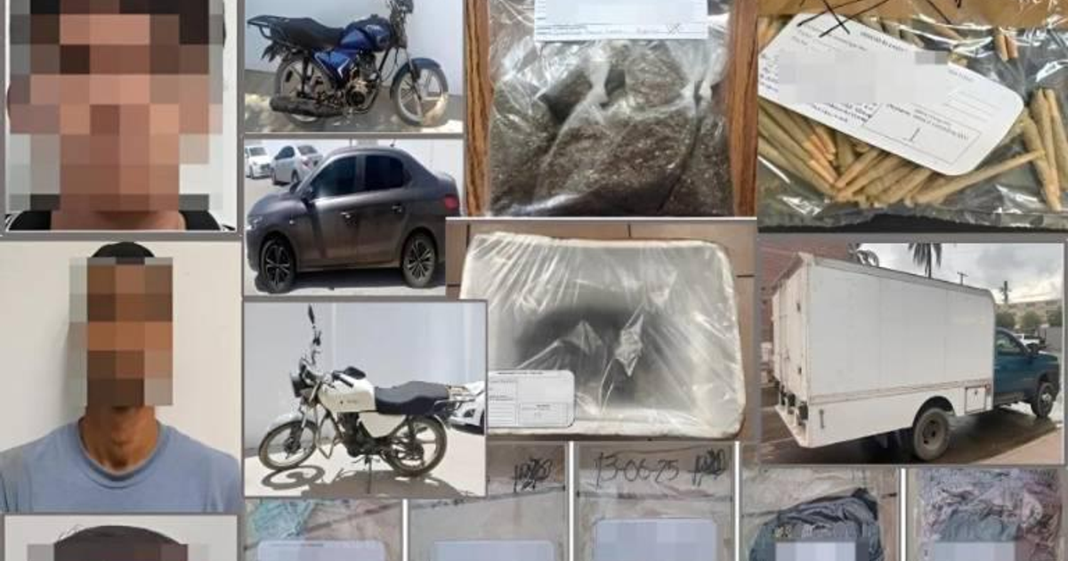 Collage de imágenes de un operativo policial en Sinaloa con retratos pixelados, vehículos y paquetes sospechosos.
