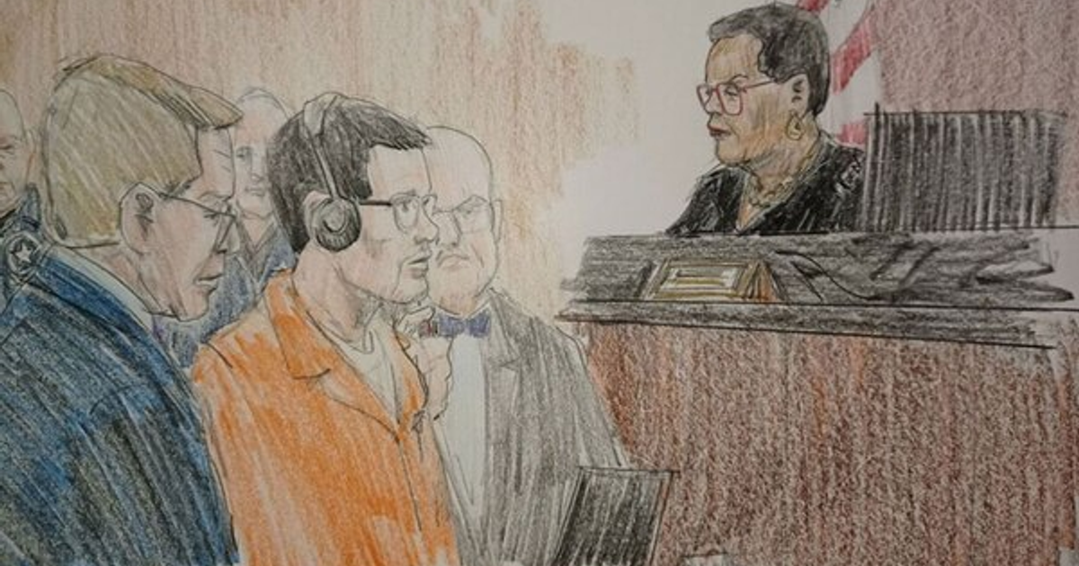 Dibujo de tribunal con Ovidio Guzmán López en audiencia, juez al fondo y abogado a su lado.