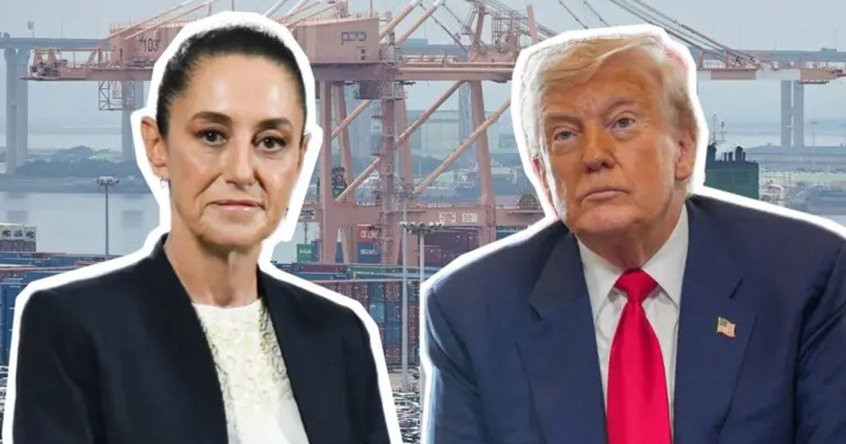 Dos personas en un puerto con grúas y contenedores, simbolizando negociaciones comerciales entre México y EE.UU.