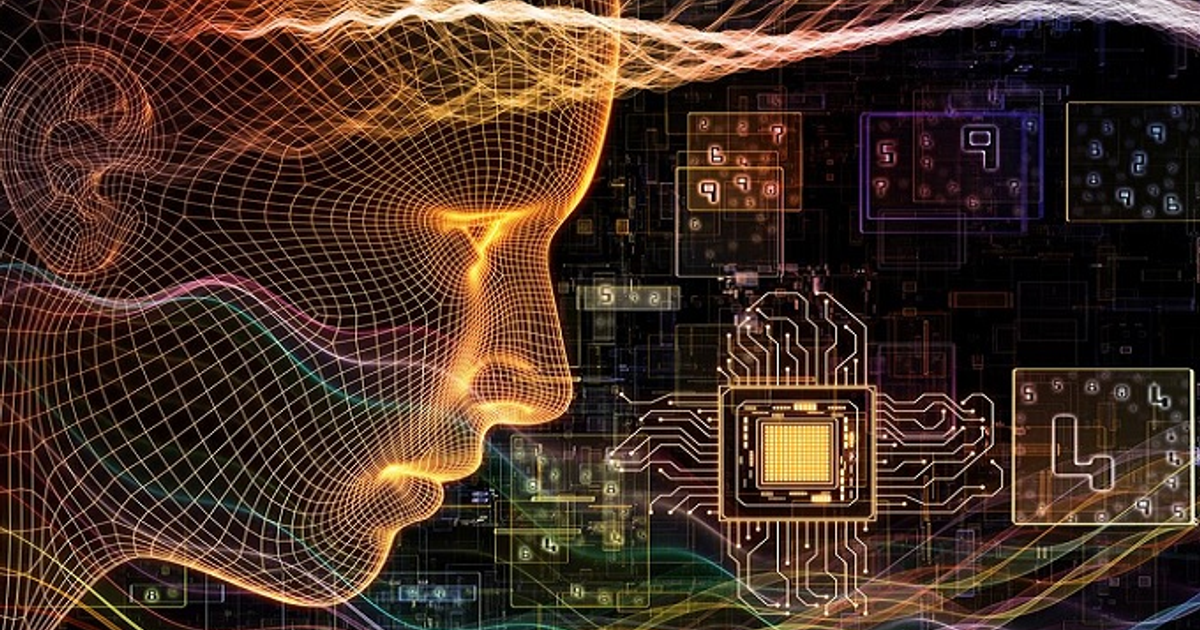 Rostro humano en malla 3D con fondo de circuitos, simbolizando la unión de IA y tecnología cuántica.