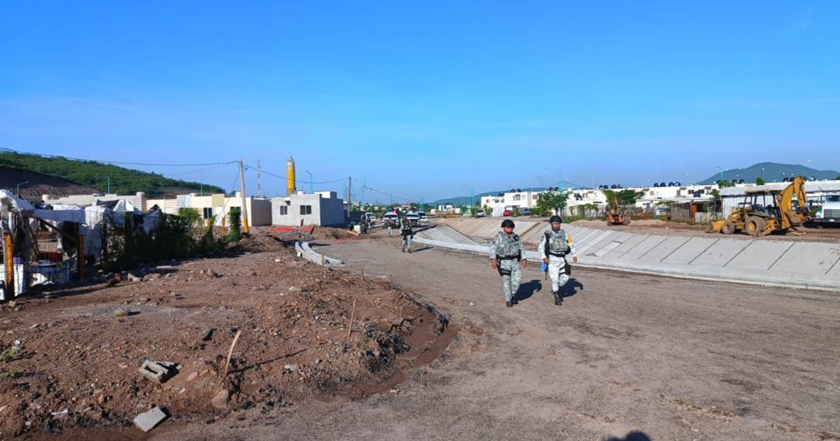 Obra en construcción con maquinaria pesada y personal de seguridad en un día soleado.