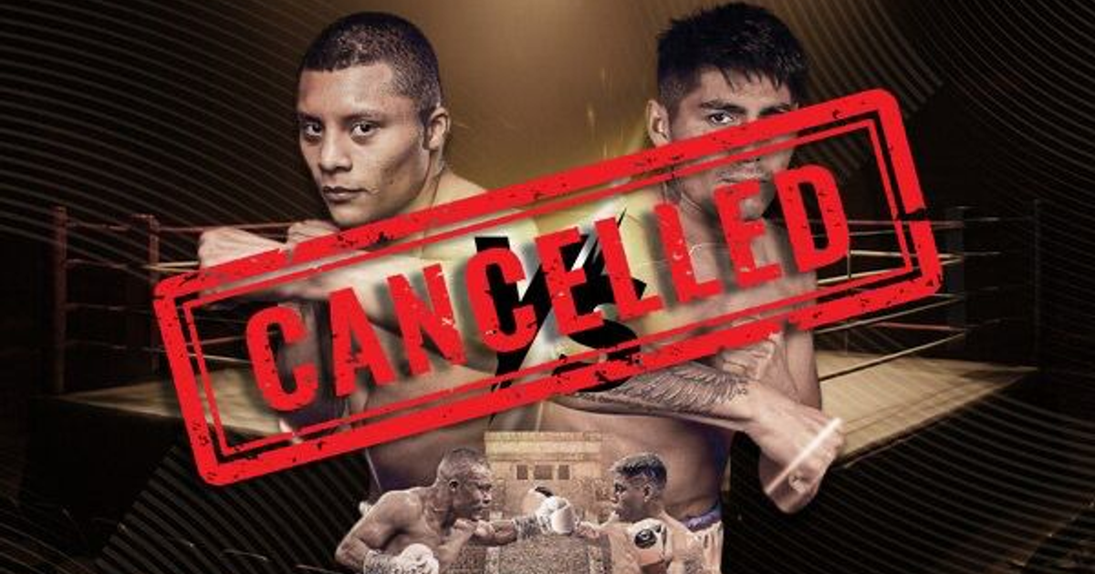 Imagen de cancelación del combate de boxeo entre Pitbull Cruz y Tashiro Fierro con sello rojo 'CANCELLED'.