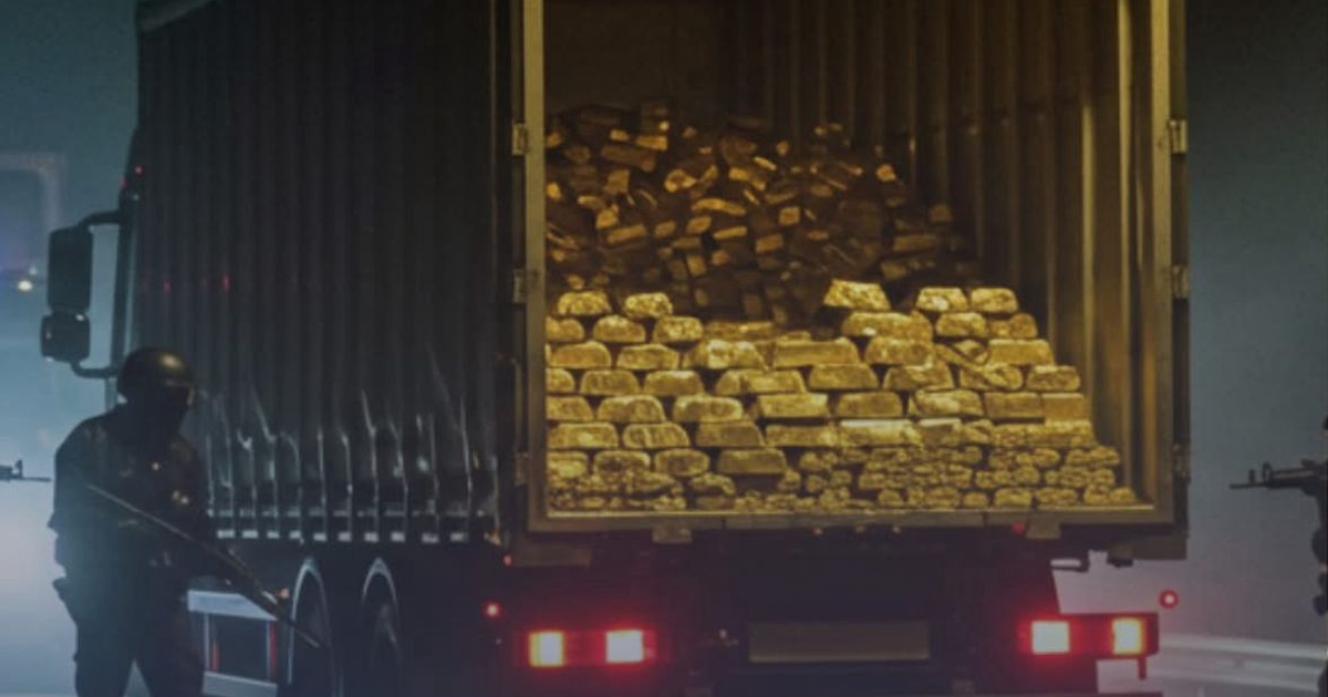 Camión con lingotes de oro y personal armado en entorno oscuro