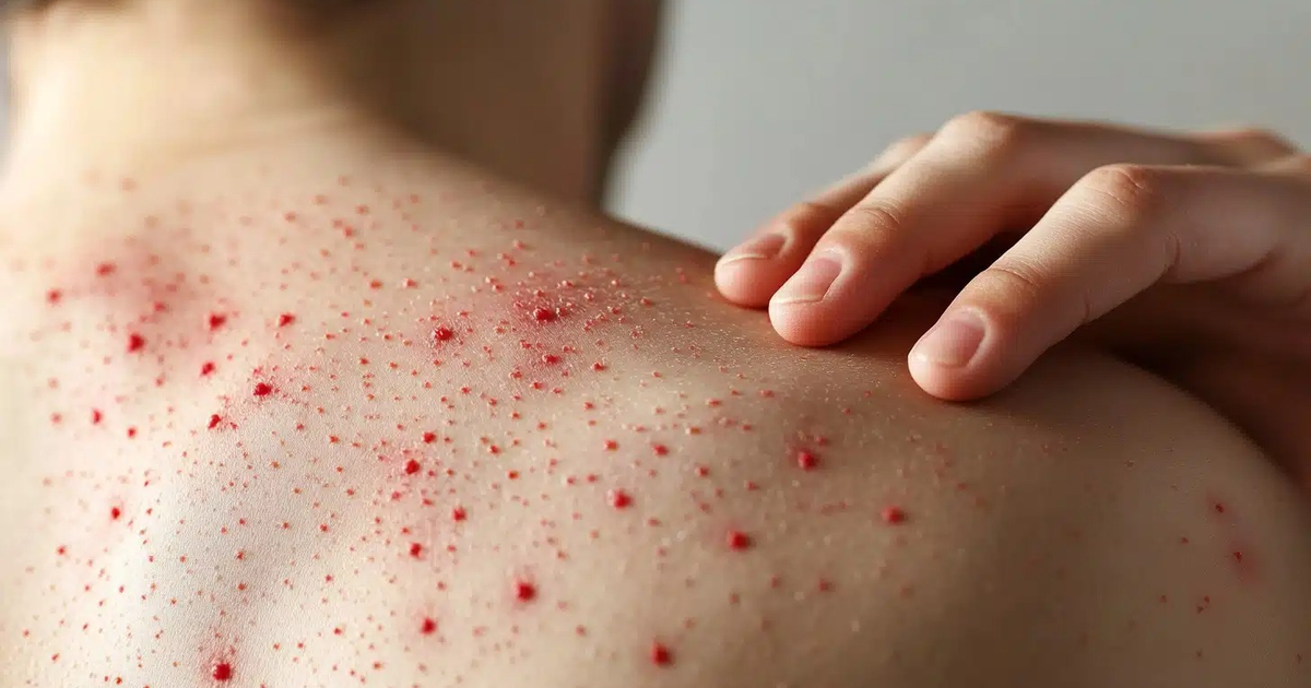 Piel con puntos rojos en el hombro y espalda, posible sarampión