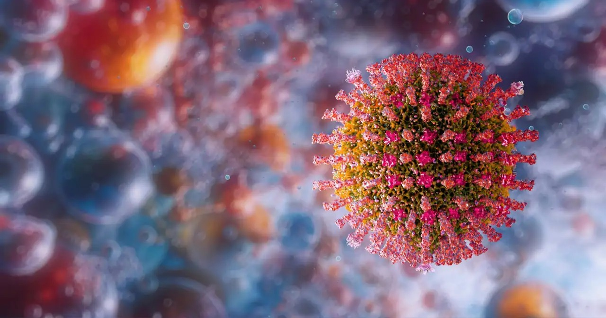 Imagen artística de un virus en tonos rosa y amarillo, relacionada con casos de sarampión en Sinaloa.