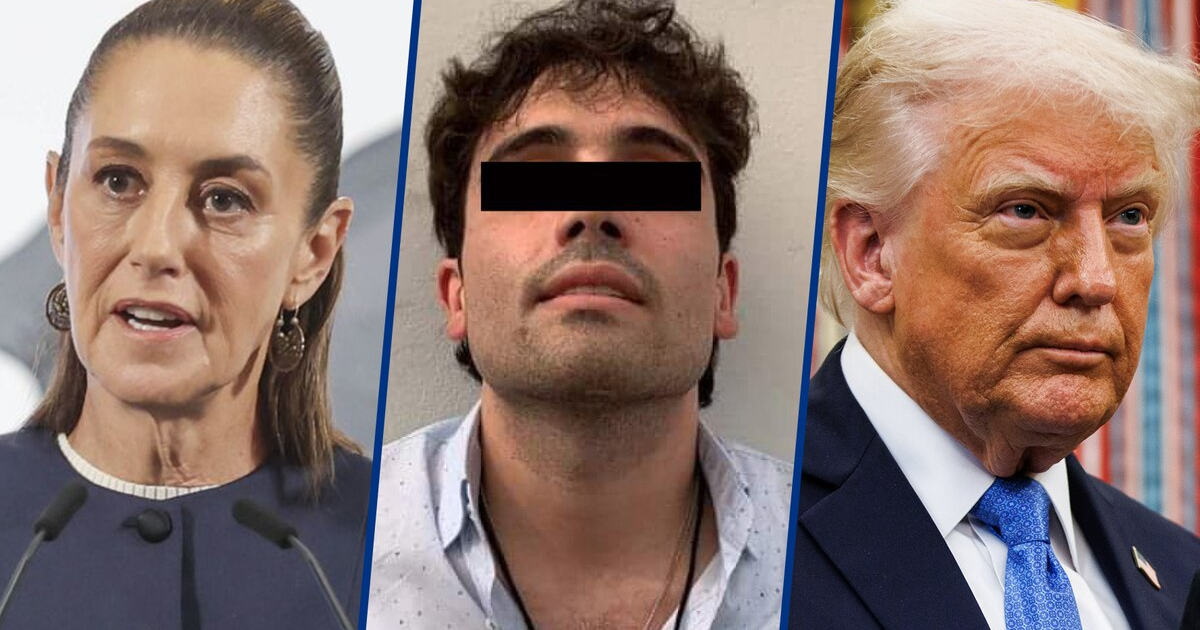 Conferencia sobre críticas de Sheinbaum al acuerdo europeo con Ovidio Guzmán, con tres personas en escena.