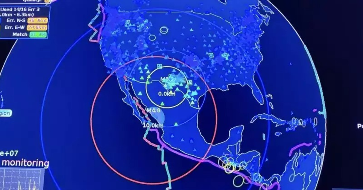 Mapa de actividad sísmica en América del Norte con círculos y símbolos de terremotos.