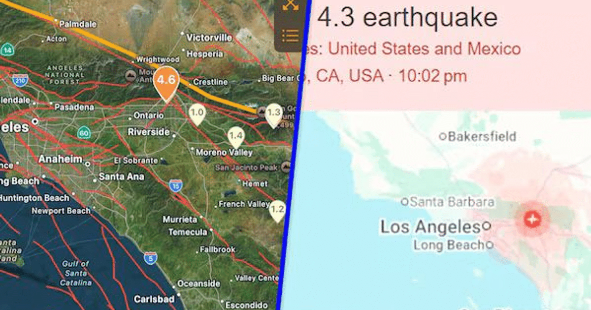 Mapa de actividad sísmica en California y México con detalles de terremotos recientes.