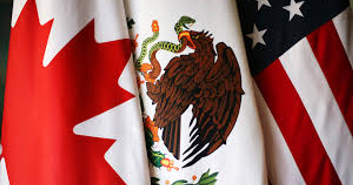 Banderas de Canadá, México y Estados Unidos superpuestas, simbolizando el T-MEC y el comercio trilateral.