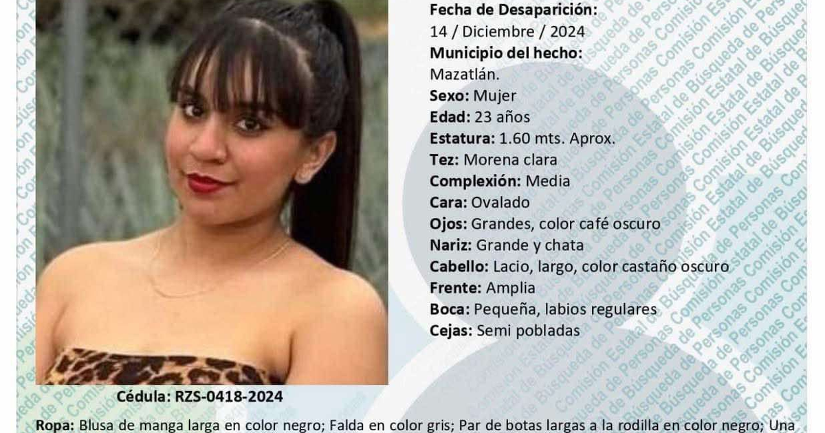 Cartel de búsqueda de Teresita de Jesús Gutiérrez Ríos, desaparecida en Mazatlán, con detalles físicos y fotografía.