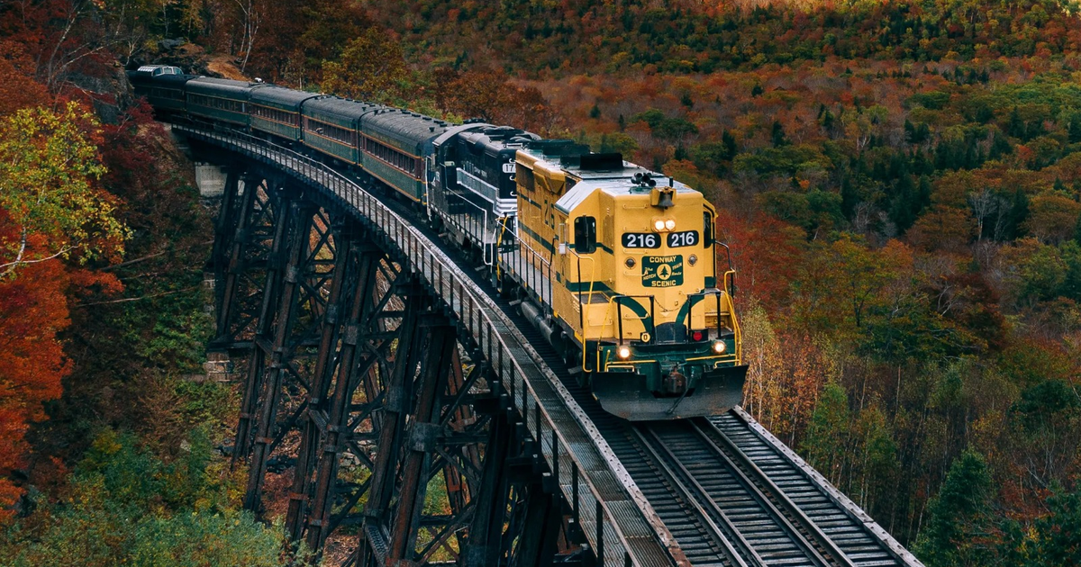 Tren turístico amarillo y negro en puente elevado rodeado de paisaje otoñal
