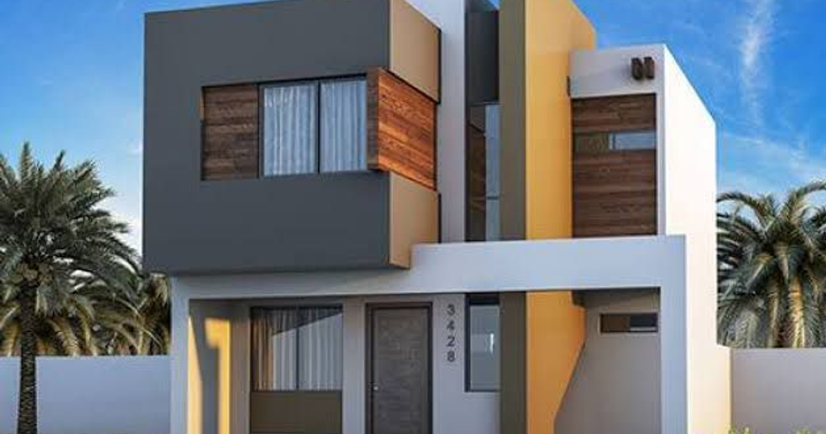 Casa moderna de dos niveles con diseño geométrico y palmeras