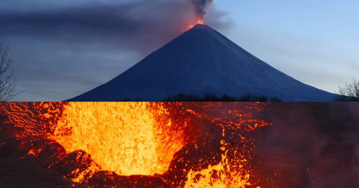 Erupción del volcán Kliuchevskói con lava fluyendo en Kamchatka