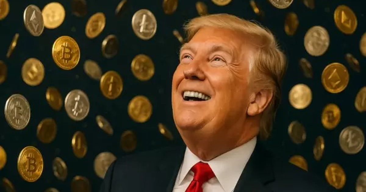 Monedas flotantes y símbolos de criptomonedas relacionadas con World Liberty Financial y la familia Trump.