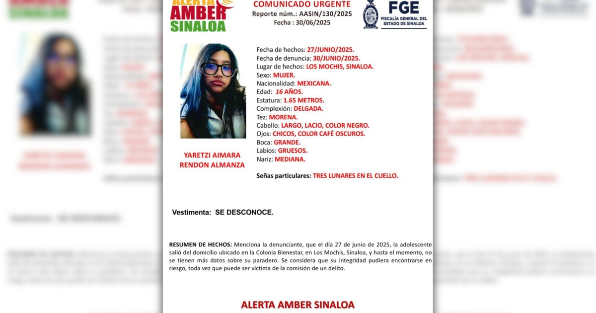 Alerta AMBER de Yaretzi Aimara Rendón Almanza, adolescente desaparecida en Los Mochis.