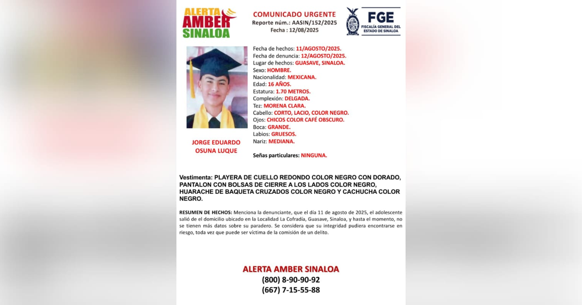Comunicado de Alerta Amber para Jorge Eduardo Osuna Luque en Sinaloa, México.