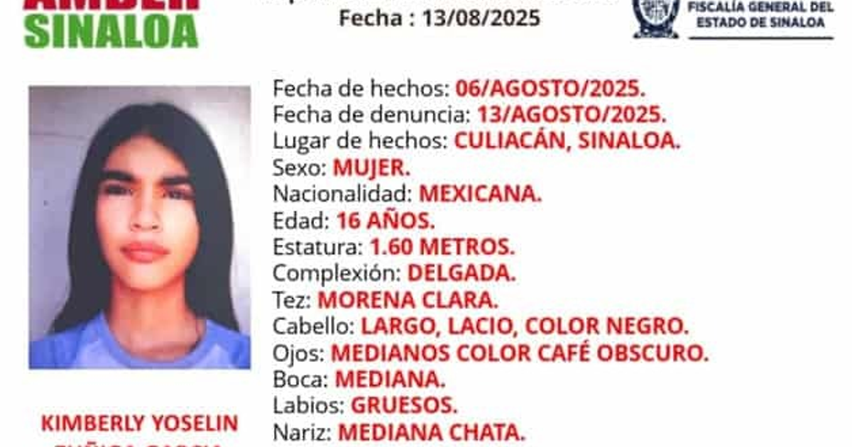 Cartel de Alerta Amber para Kimberly Yoselin Zúñiga García, desaparecida en Culiacán.