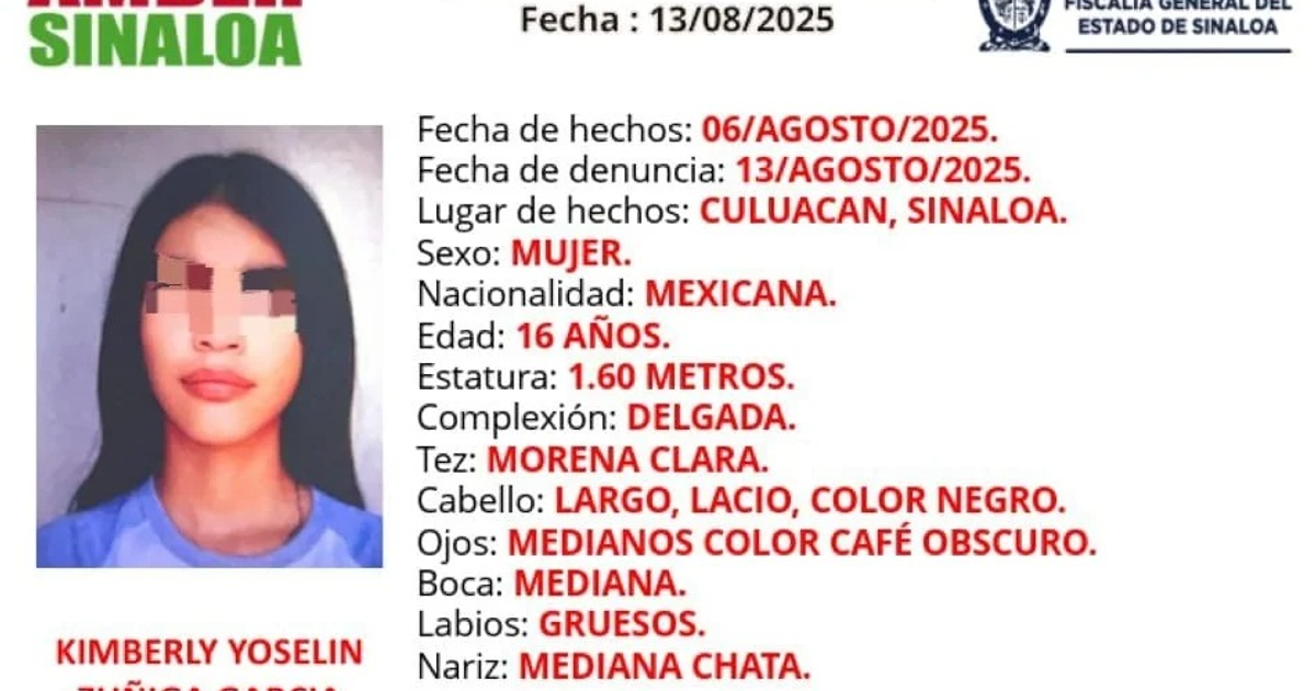Cartel de Alerta Amber para Kimberly Yoselín Z.G., desaparecida en Culiacán, Sinaloa.