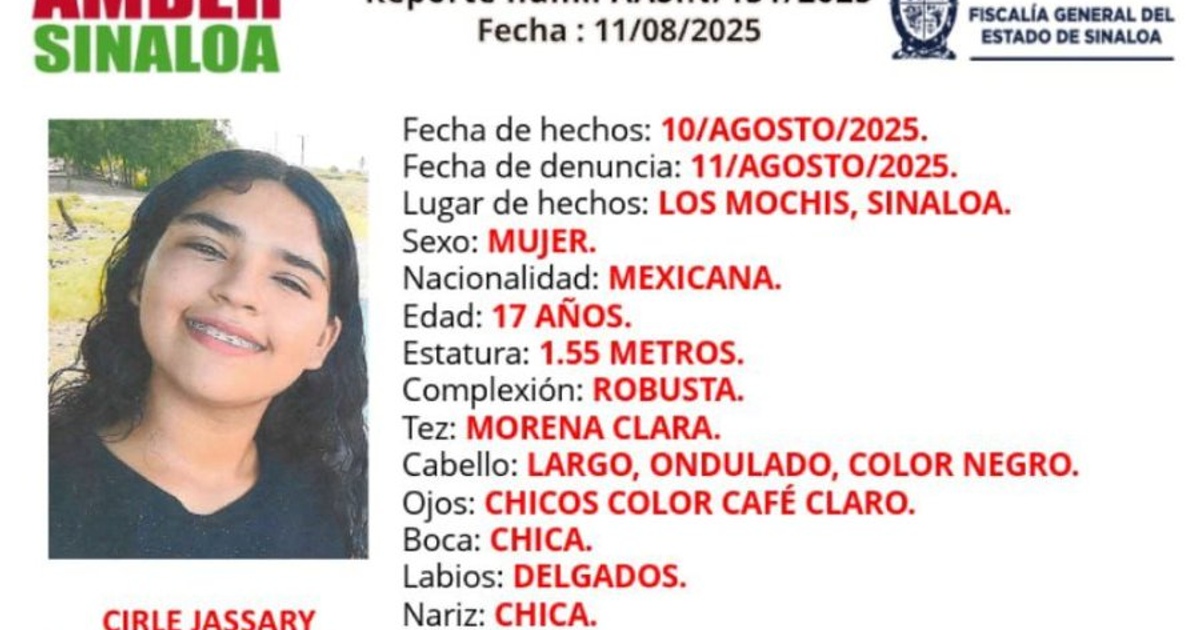 Cartel de búsqueda de Cirle Jassary Zúñiga Valenzuela, joven desaparecida en Sinaloa bajo Alerta Amber.