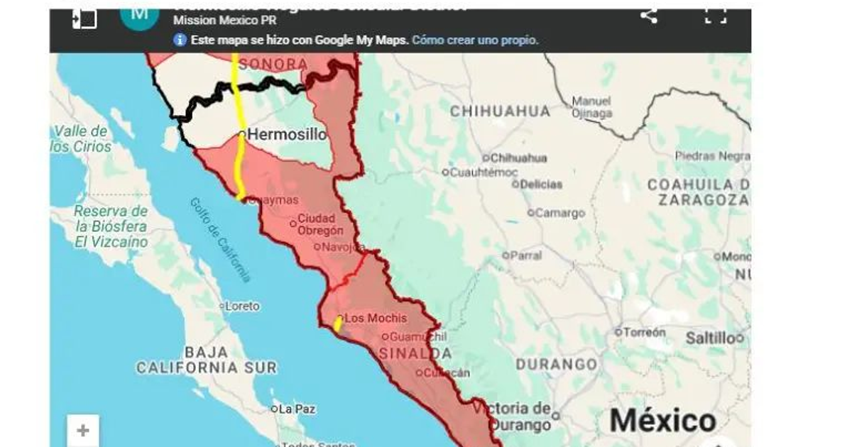 Mapa de Sonora y Sinaloa con áreas resaltadas en rojo, mostrando ciudades y cuerpos de agua.