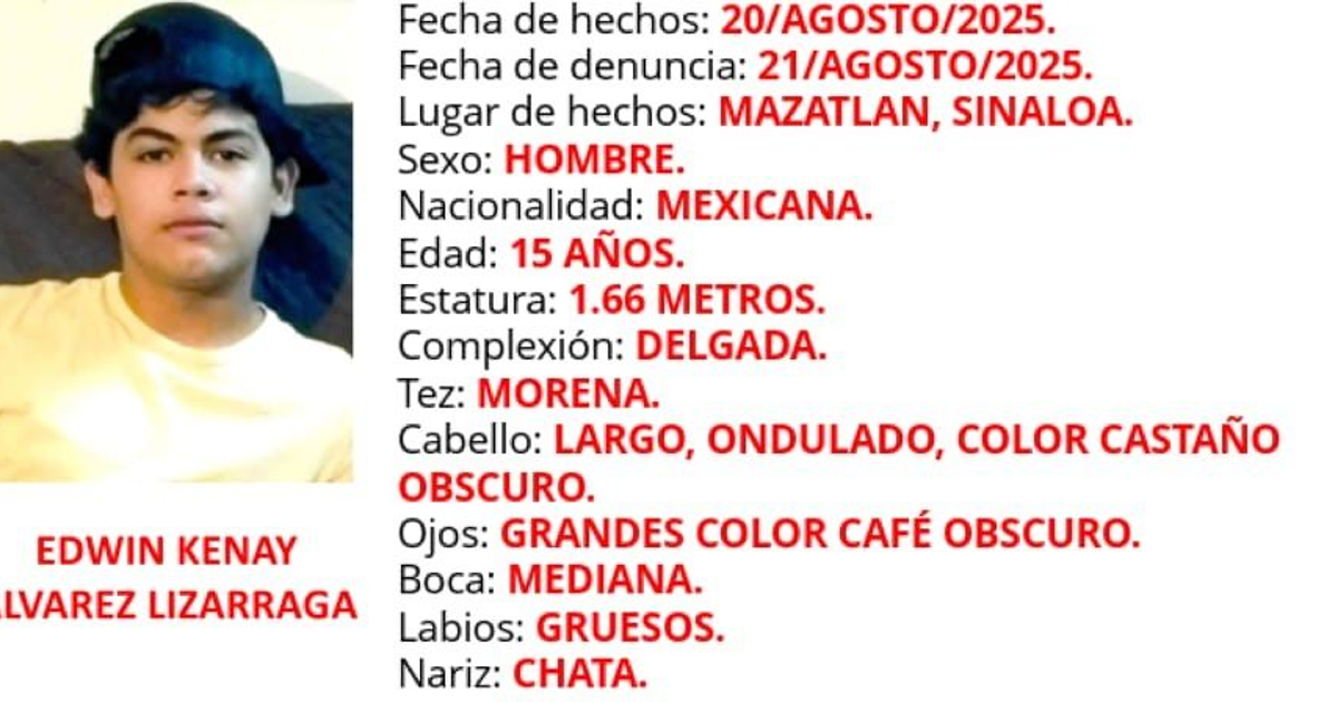 Cartel de búsqueda de Edwin Kenay Álvarez Lizárraga, joven desaparecido en Mazatlán.