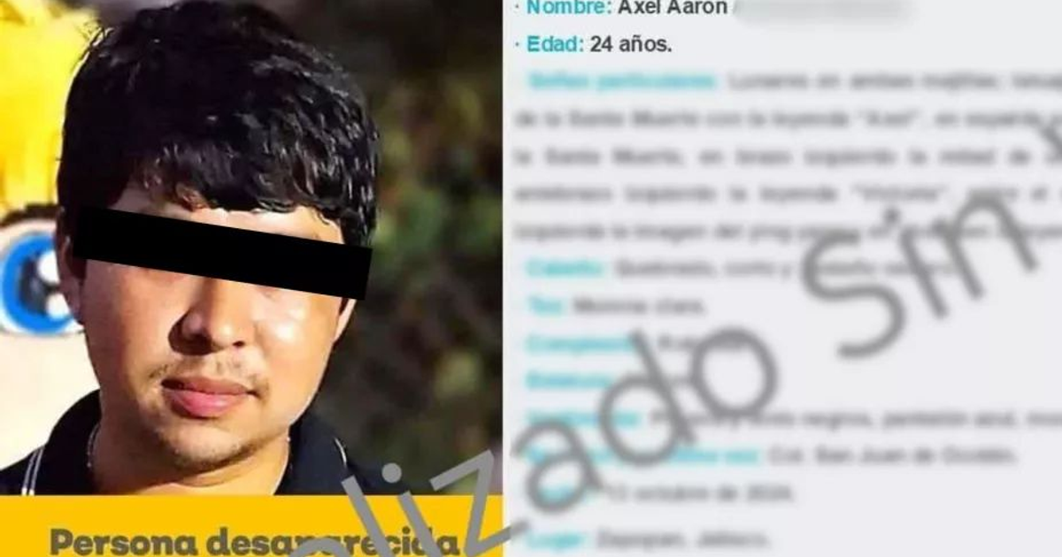 Aviso de búsqueda de Axel Aarón “N”, desaparecido en Zapopan, Jalisco, con detalles censurados.