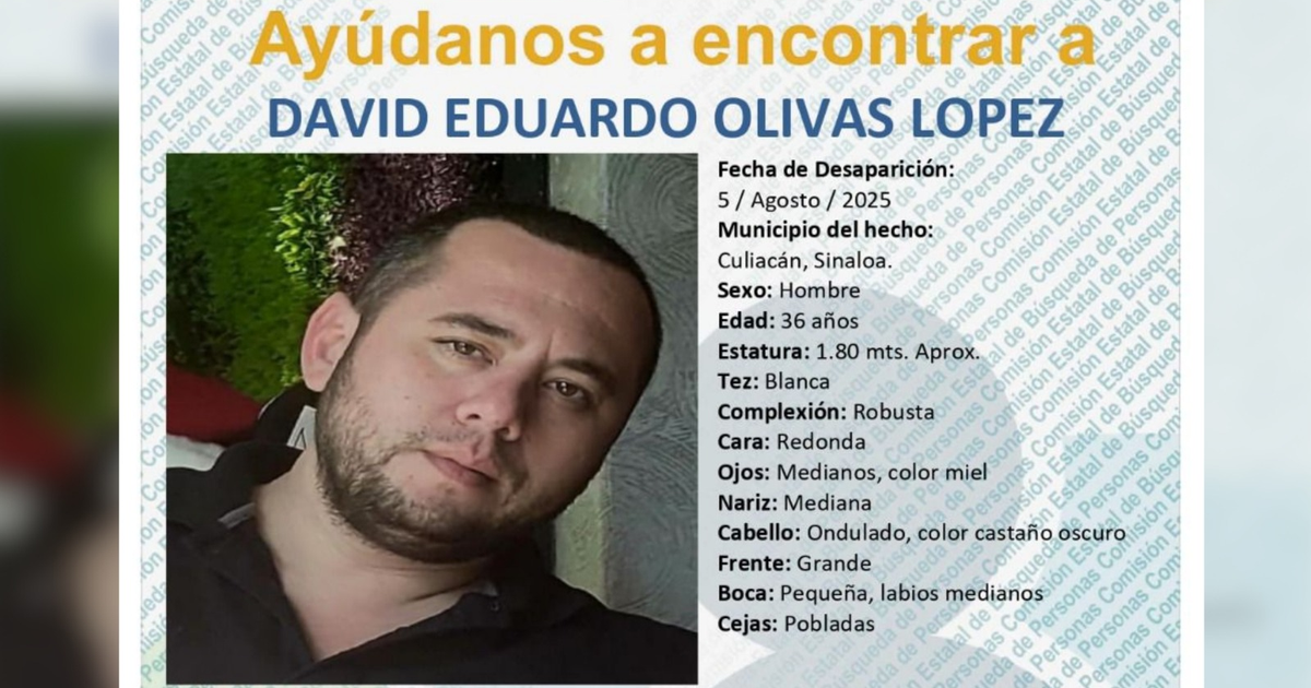 Aviso de desaparición de David Eduardo Olivas López con detalles de vestimenta y características físicas.