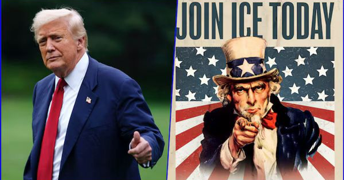 Hombre en traje junto a cartel de reclutamiento de ICE con mensaje 'JOIN ICE TODAY' y colores de la bandera estadounidense.