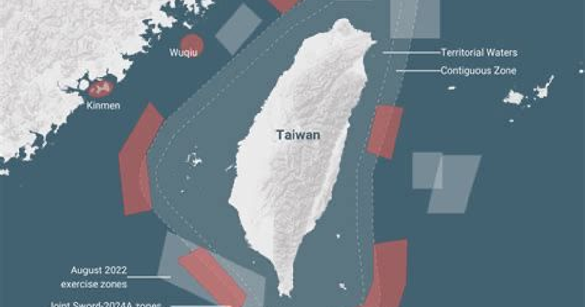 Mapa de Taiwán con zonas de ejercicios militares y áreas circundantes