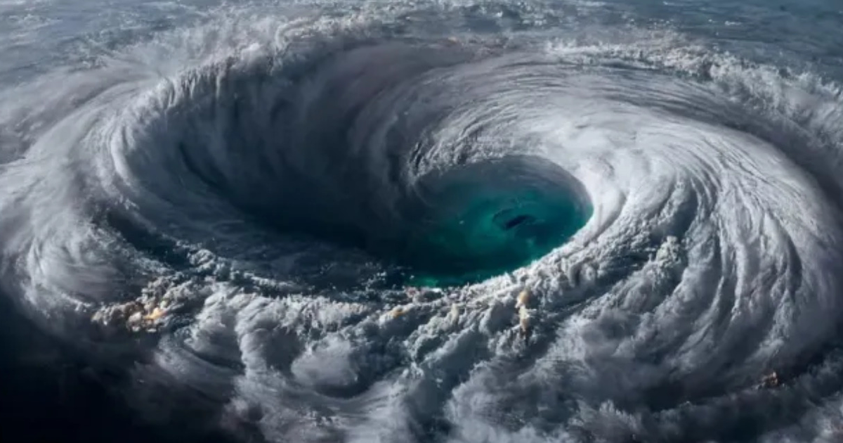 Imagen de una tormenta con nubes en espiral y un ojo central, indicando un posible huracán en el Pacífico Mexicano.