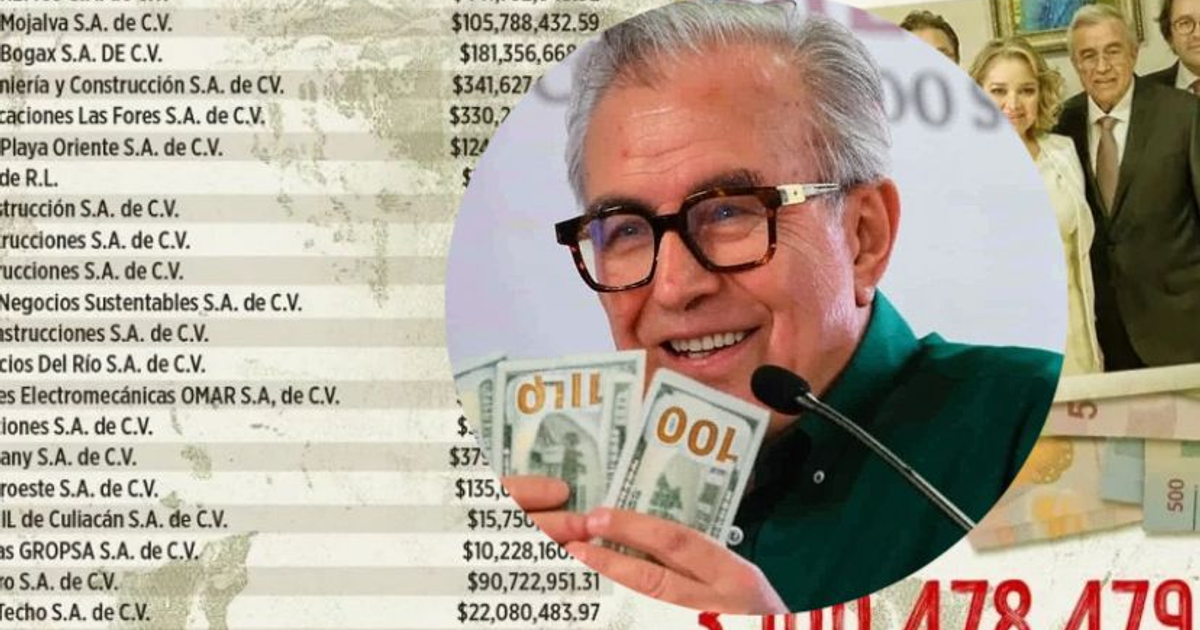 Persona sonriente con billetes de dólares y lista de compañías al fondo.