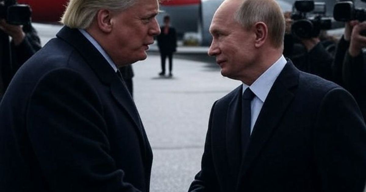 Donald Trump y Vladimir Putin estrechándose la mano en la cumbre de Alaska, rodeados de prensa.