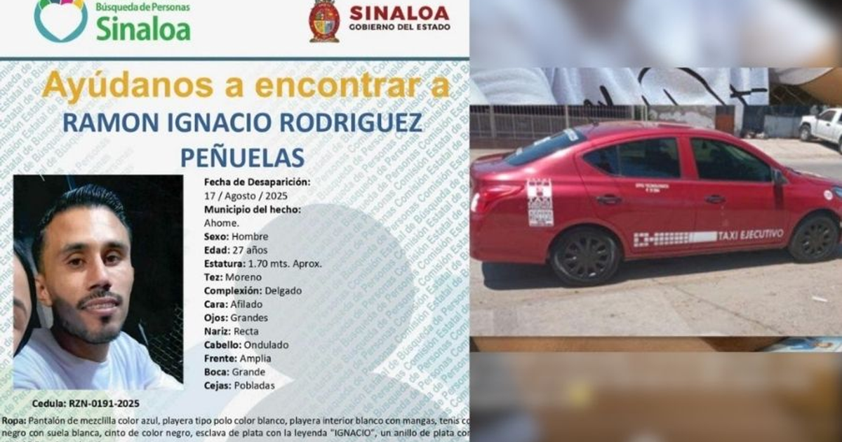 Cartel de búsqueda de Ramón Ignacio Rodríguez Peñuelas con detalles de su desaparición y foto de taxi.