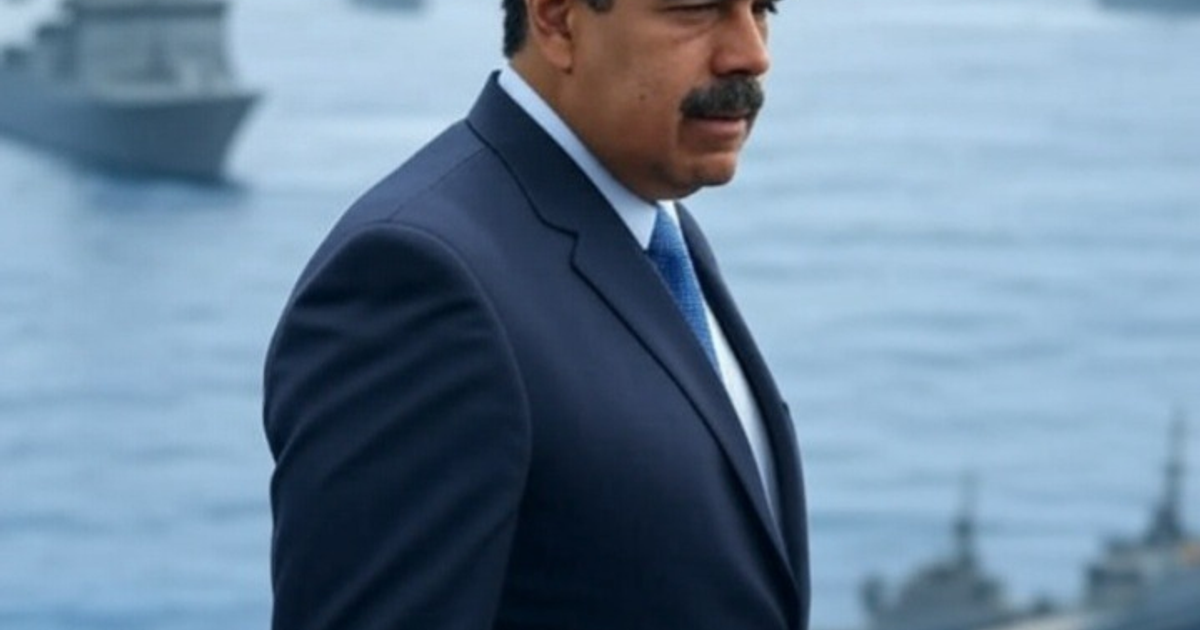 Persona en traje formal frente a barcos en el Caribe, en contexto de despliegue militar.