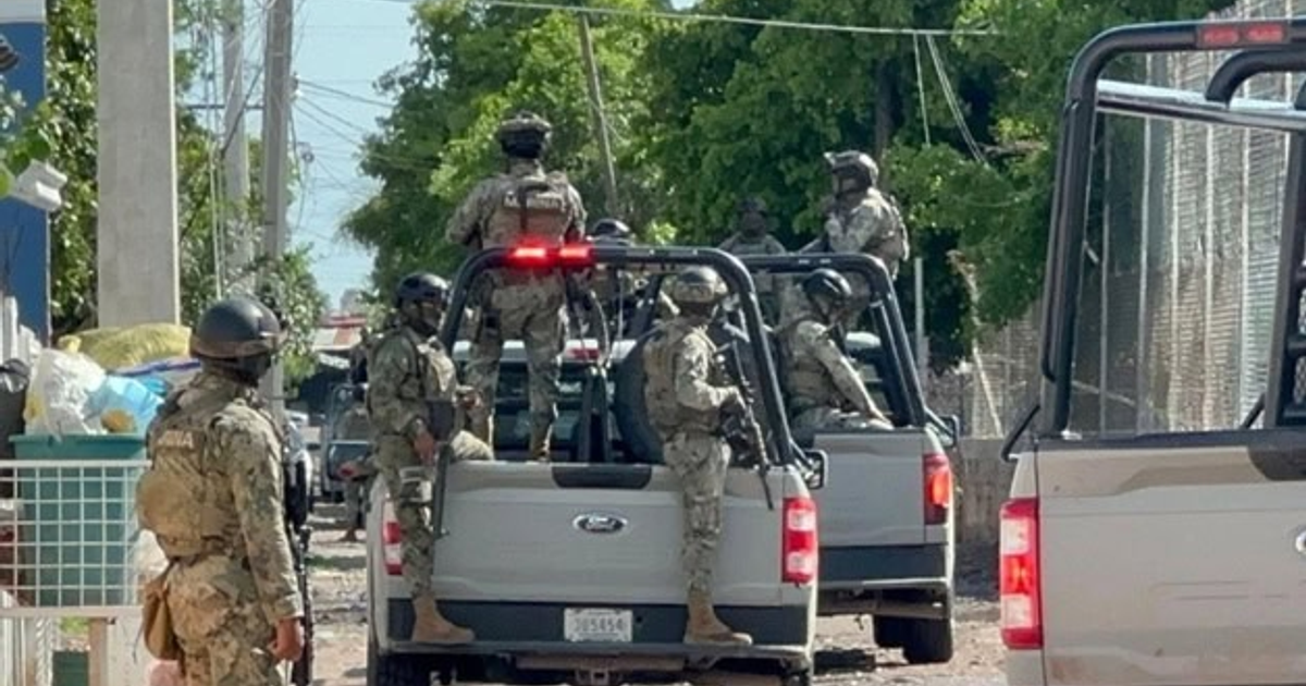 Miembros de la Secretaría de Marina en operativo en Guasave, equipados con uniformes tácticos, en la parte trasera de vehículos en un área urbana.
