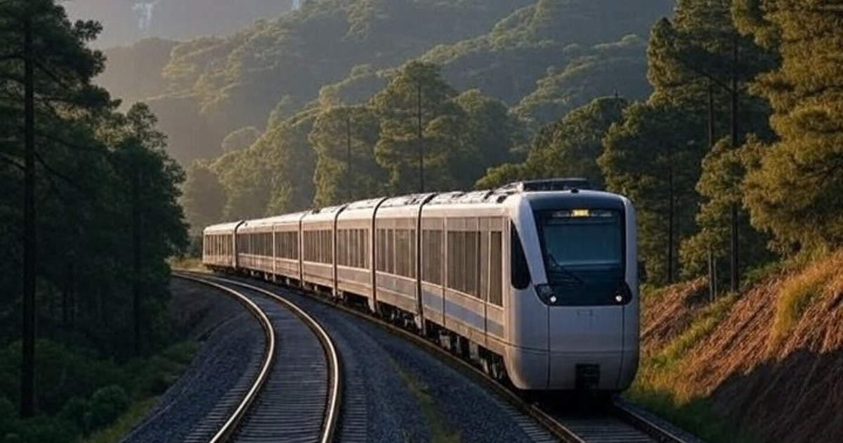 Tren moderno en vía curva rodeado de paisaje natural con árboles y colinas, iluminado por el sol.